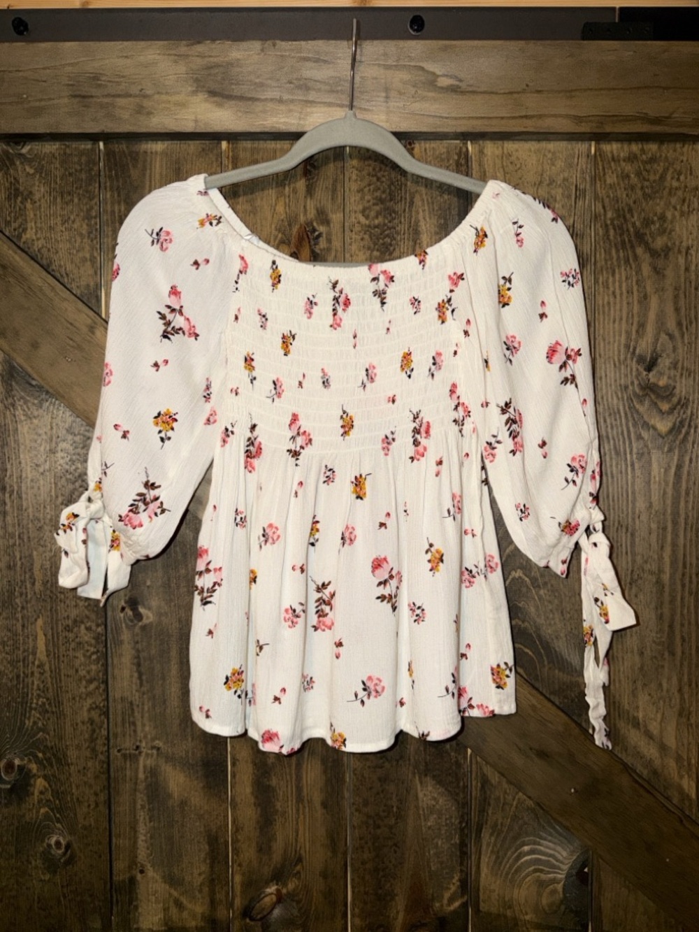 Women’s White Floral Smocked‎ Peasant Blouse with Tie Sleeves